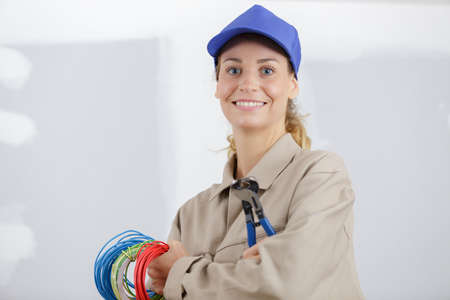 portrait of a woman with cablesの写真素材
