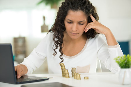 woman with stacks of coins using a laptopの写真素材
