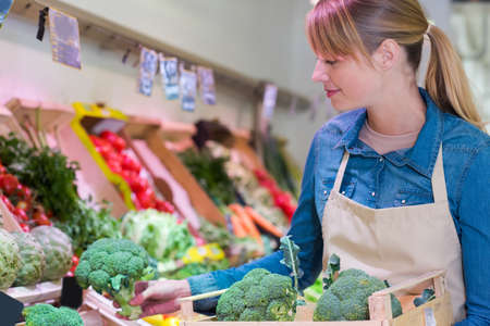 woman taking care of broccolis in a storeの写真素材