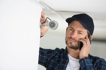 technician installing security camera and talking by phone