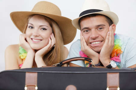 cute loving couple is ready for tripの写真素材