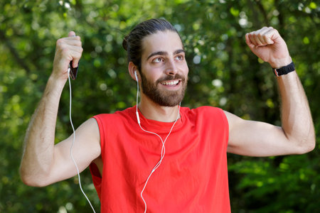 happy man run in the forest