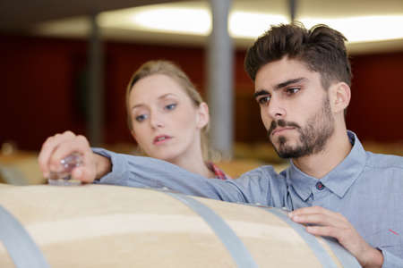 positive house sommelier tasting red wine from barrelsの写真素材