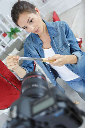 portrait of a woman and blogging conceptの写真素材