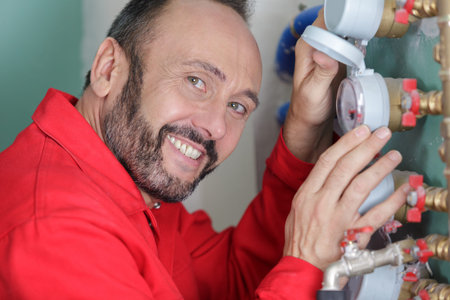 male plumber fixing water meter with adjustable wrench
