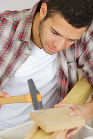 carpenter using hammer on woodの写真素材