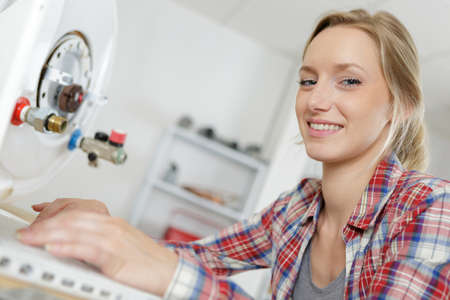 young woman in the boiler roomの写真素材