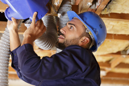 young male worker installing air conditioning unit into roof space