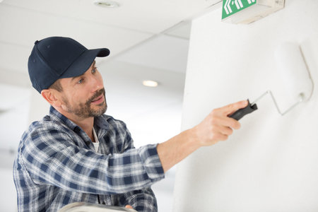male painter painting a house wall with a paint roller