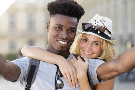 young couple in love taking a selfieの写真素材