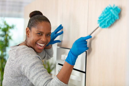 joyful housemaid holding a brush to dustの写真素材