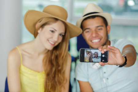 traveling young couple take the selfie