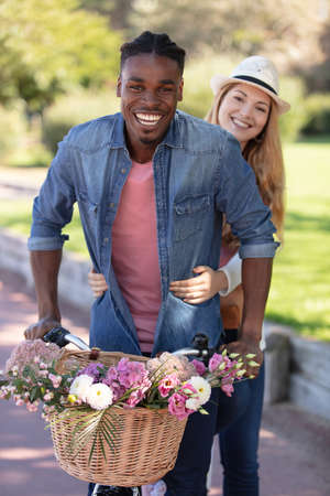 young couple having fun in the cityの写真素材