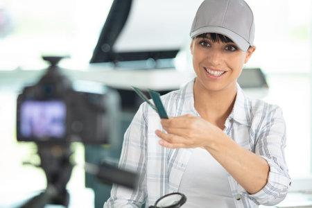 photo blogger recording video indoorsの写真素材