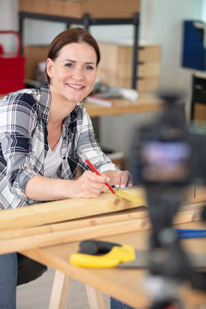 female diy blogger recording videoの写真素材