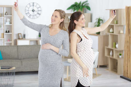 two pregnant women taking a selfieの写真素材