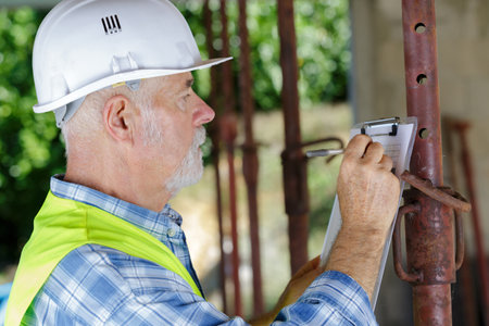 smiling senior engineer recording technical data on clipboardの写真素材