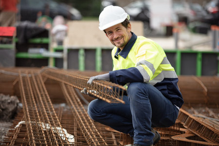 authentic construction worker lifting steel reinforcement bar