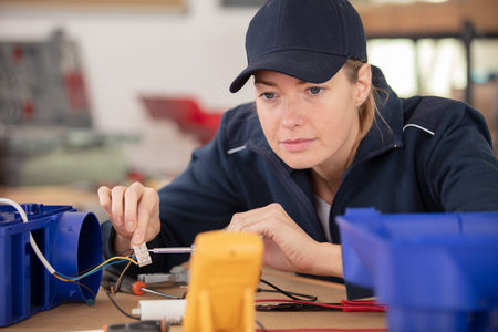 female technician wiring cables into chocolate box