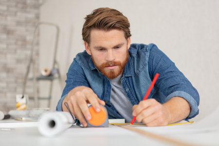 young male with beard and metal tape measure at workの写真素材