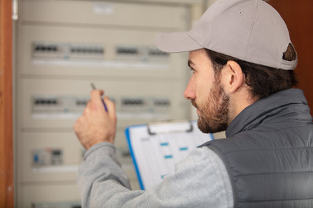 male electrician holding clipboard while examining fuseboxの写真素材