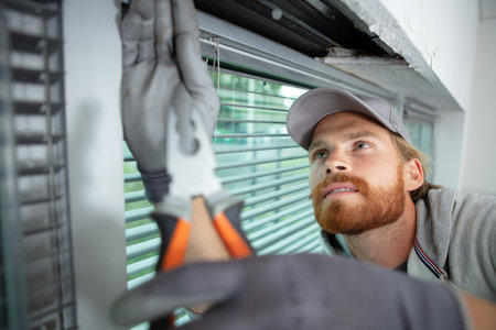 young man installing window blindsの写真素材
