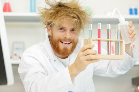 crazy looking scientist in labの写真素材