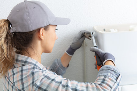 female plumber repairing toilet flushの写真素材