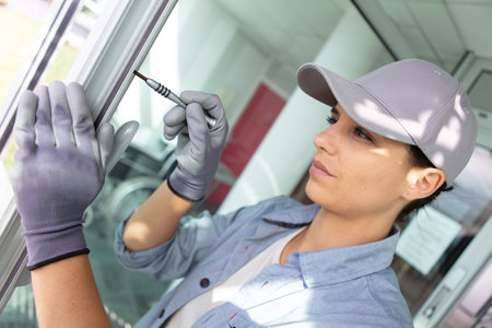 woman installing rubber seal in windowの写真素材