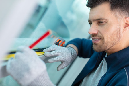 construction worker using measuring tape on a windowの写真素材