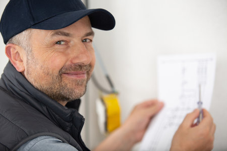 a worker building plasterboard wallの写真素材