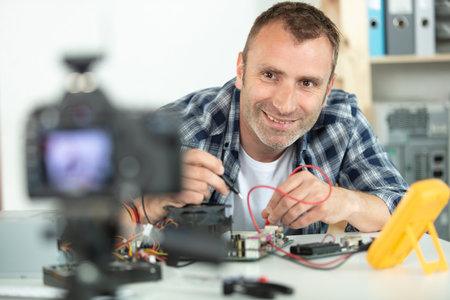 happy man doing a blog about electronicsの写真素材