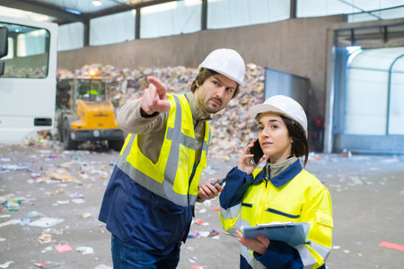 worker and manager of shipment company discussing on walkie-talkieの写真素材