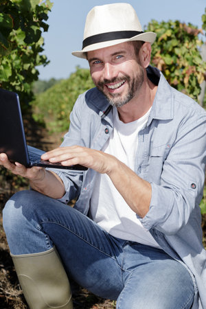 young male farmer holding laptop in vineyardの写真素材