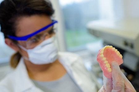 dental technician working with tooth dentures