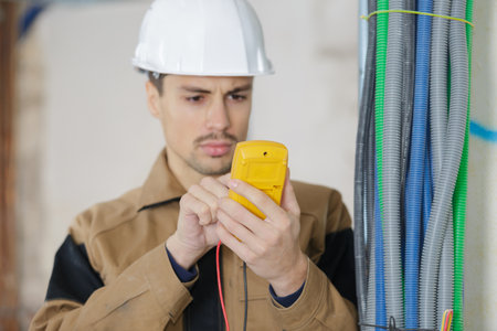 electrician checking voltage with digital multimeterの写真素材