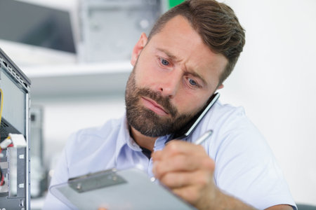 man on the phone writing on clipboard
