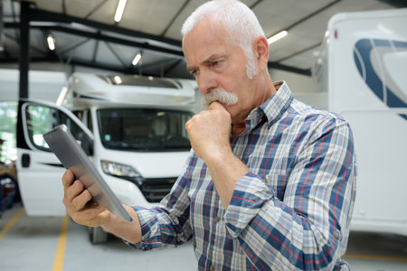 motorhome rental business manager looking at tabletの写真素材