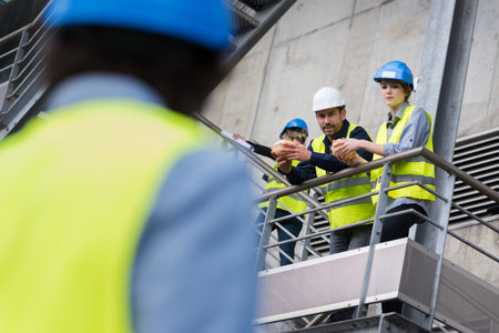 three engineers meeting project at construction siteの写真素材