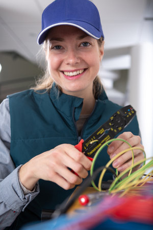 happy young female technician in classの写真素材