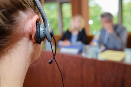 Closeup of woman wearing headset in conference roomの写真素材