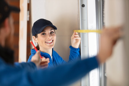 builders measuring a window using tape measureの写真素材