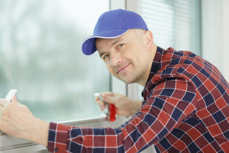 handsome young man installing bay window