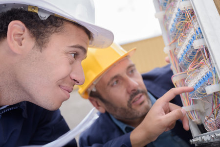two electrician workers at cabling
