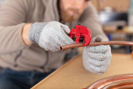 closeup of worker cutting copper pipeの写真素材