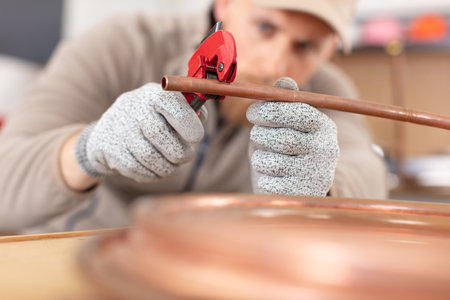 plumber cutting a copper pipe with a pipe cutterの写真素材