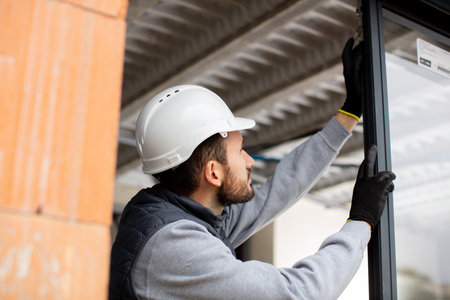 male contractor installing sliding doorの写真素材