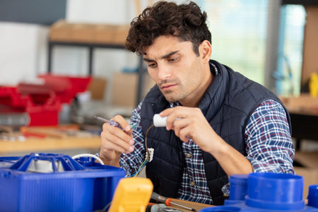 young engineer repairs electronic equipment