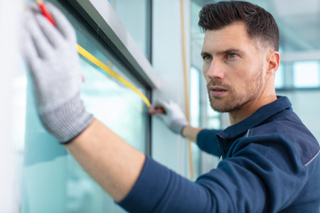 service man measuring window for installation indoorsの写真素材