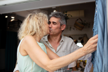 elegant adorable gray haired woman kissing her husband during shoppingの写真素材